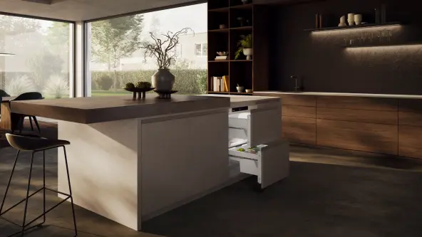 Kitchen with under counter fridge with drawers integrated in the kitchen block