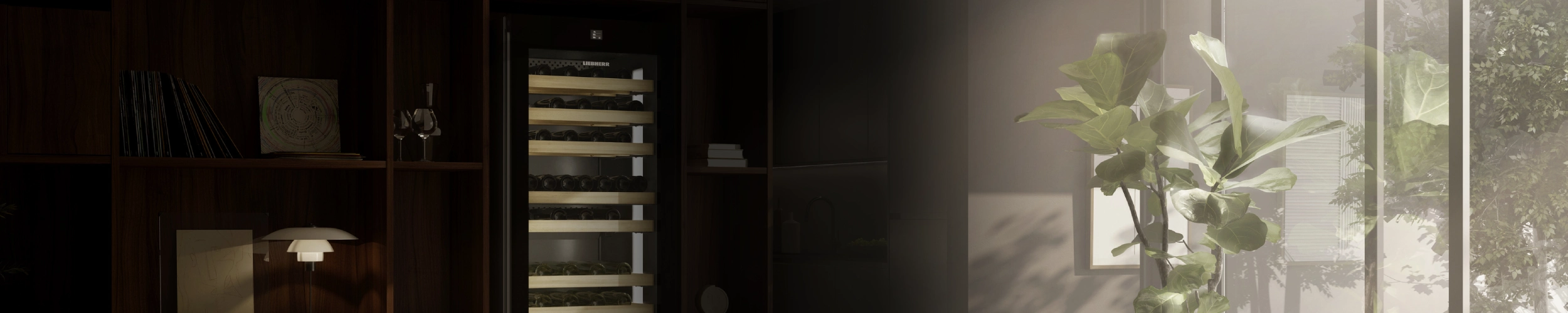 A freestanding wine fridge is fitted in  the wooden built-in shelves of a living room