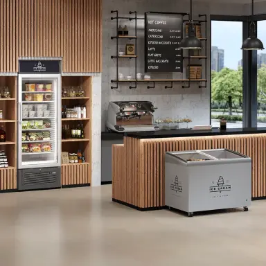 Moderner Verkaufsraum mit Eistruhe, Eis-Gefrierschrank, Theke und Menütafel über Kaffeemaschine