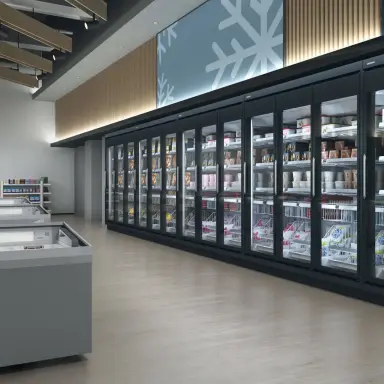 Row of glass door freezers in a supermarket