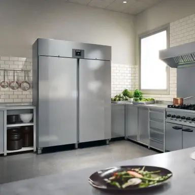 2 door silver fidges in a commercial kitchen setting