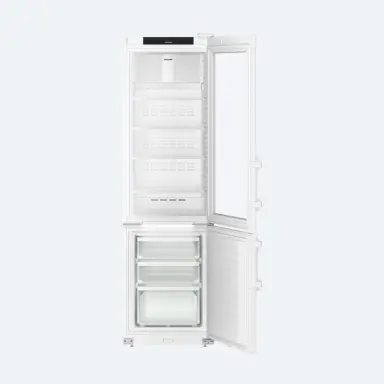 Laboratory fridge‑freezers Open laboratory fridge‑freezer with separate refrigeration and freezing compartments.