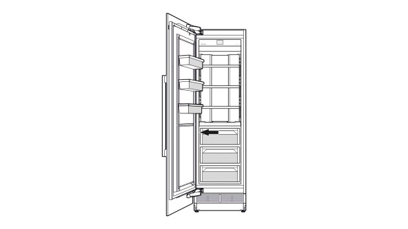 drawing of an open freezer with arrows pointing to top drawer