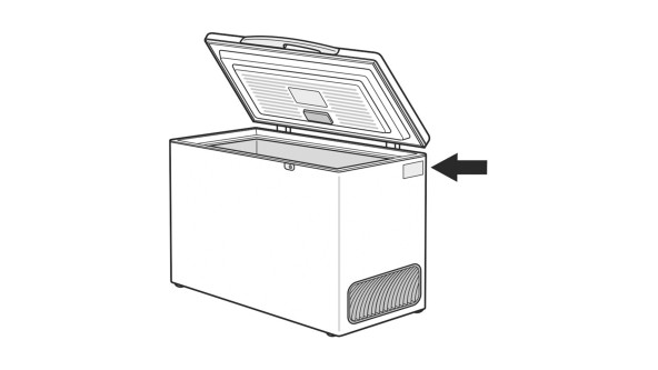 drawing of an open chest freezer with arrow pointing to outer top corner