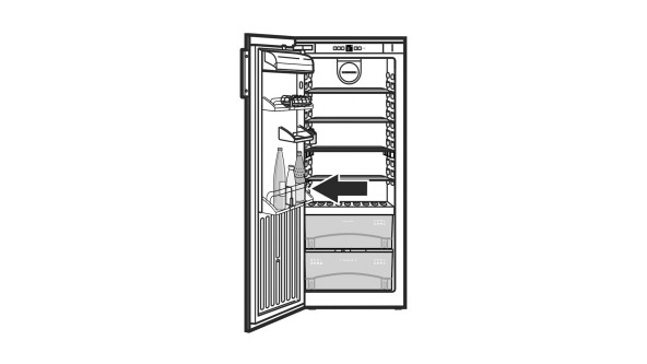 drawing of an open fridge freezer with arrow pointing to bottom drawer in the fridge section