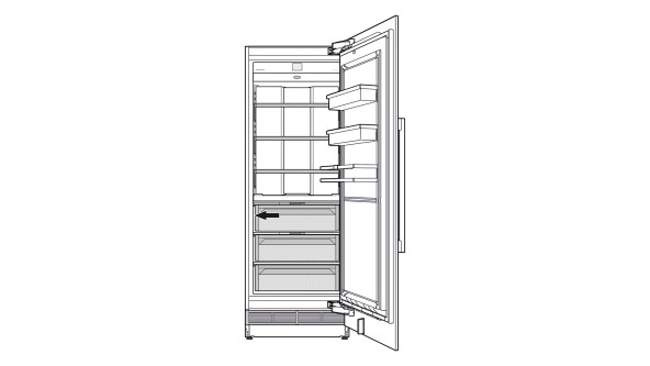 drawing of an open fridge freezer with arrow pointing to top drawer in the freezer section