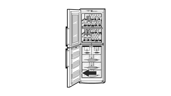 drawing of an open fridge freezer with arrow pointing to bottom drawer in the freezer section