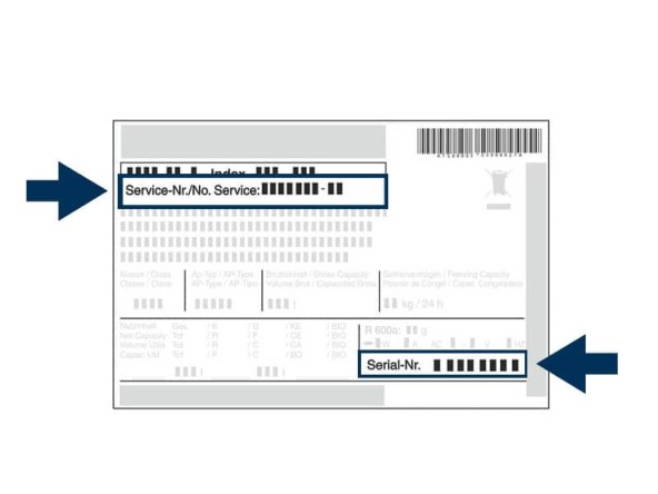 Example of a Liebherr plate with arrow pointing to bottom right corner, indicating where to find the serial number