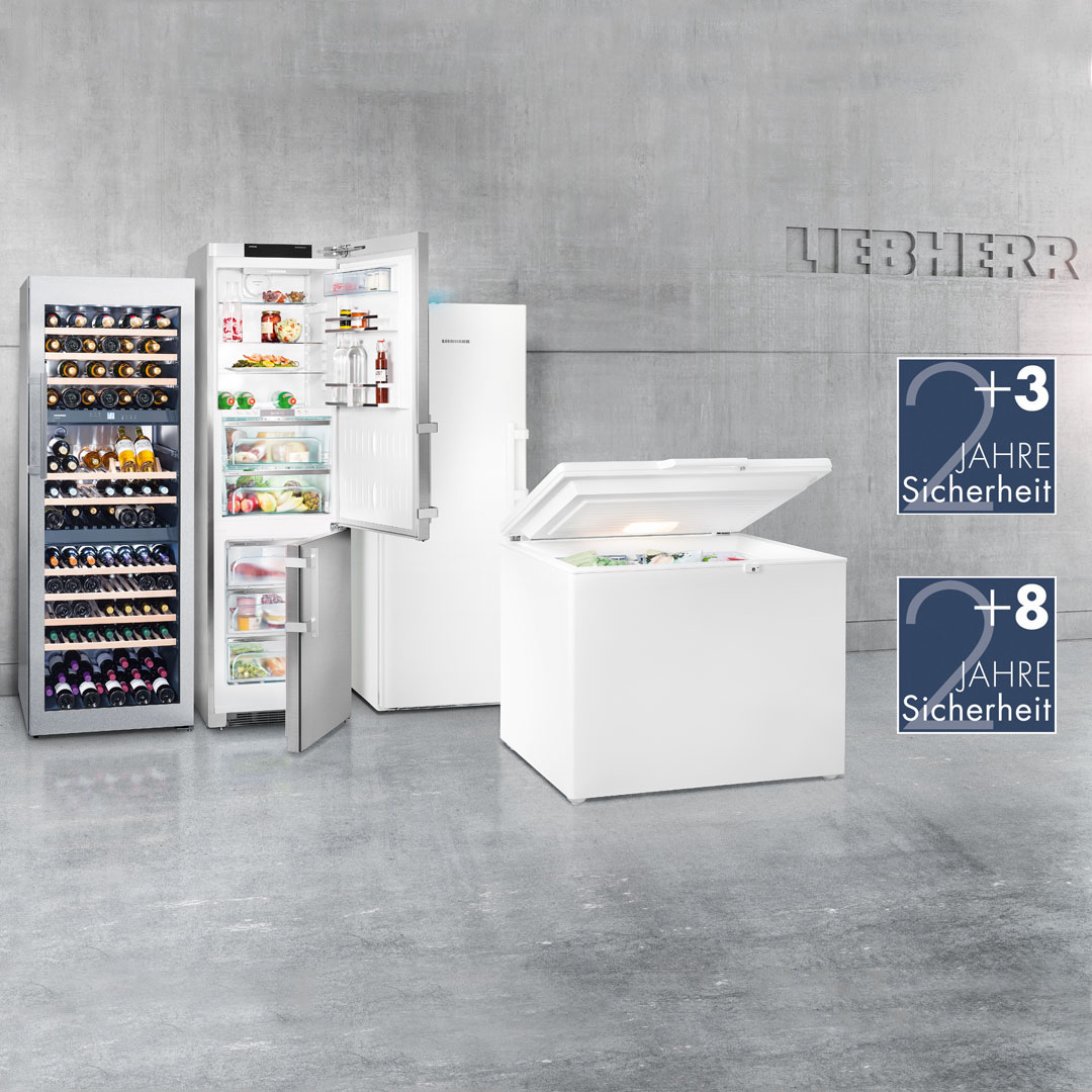 Group of different Liebherr cooling devices with information about possible warranty extensions