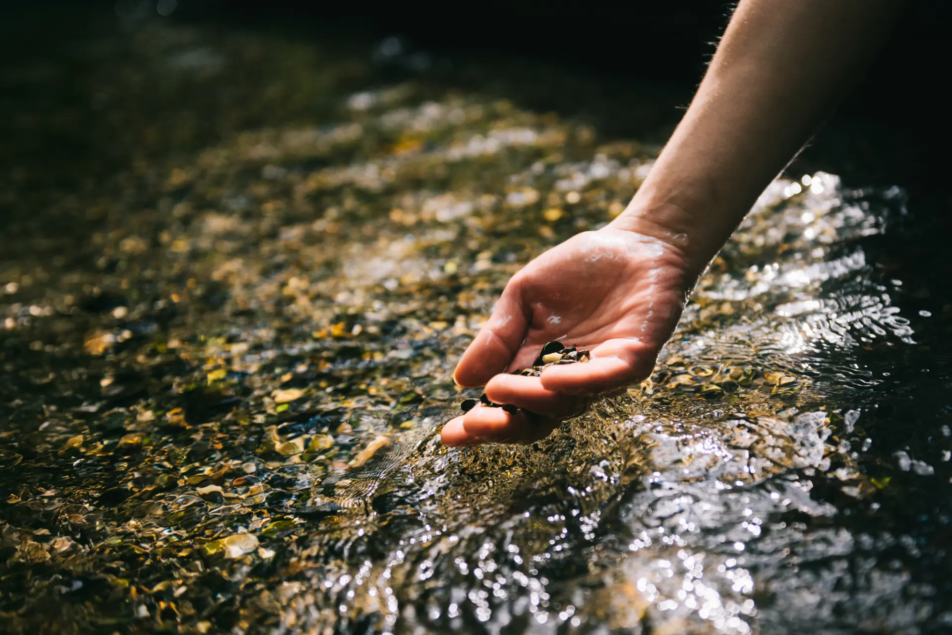 A hand is gently holding a collection of smooth pebbles gathered from a river, with flowing water visible in the background. 