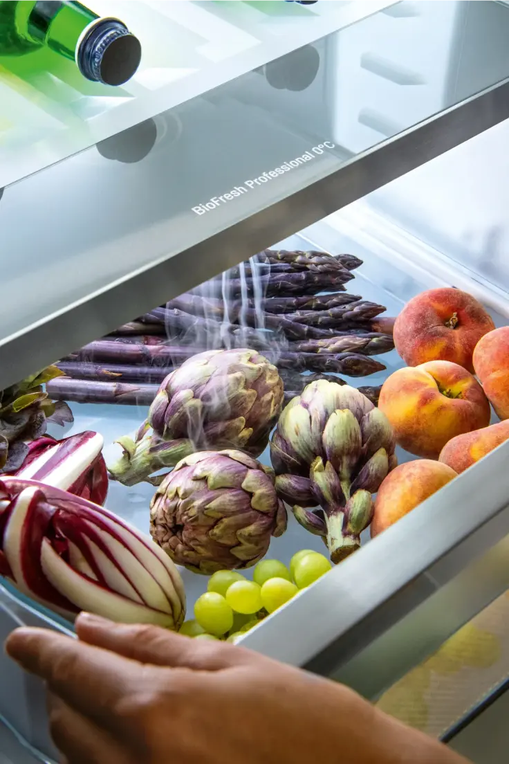 A pair of hands is gently opening the BioFresh Professional compartment of a fridge, revealing a vibrant assortment of fresh produce. Inside, artichokes, asparagus, peaches, and radicchio are neatly arranged, showcasing the compartment's ability to keep fruits and vegetables at their optimal freshness. The scene highlights the importance of proper storage for maintaining the quality of food items.