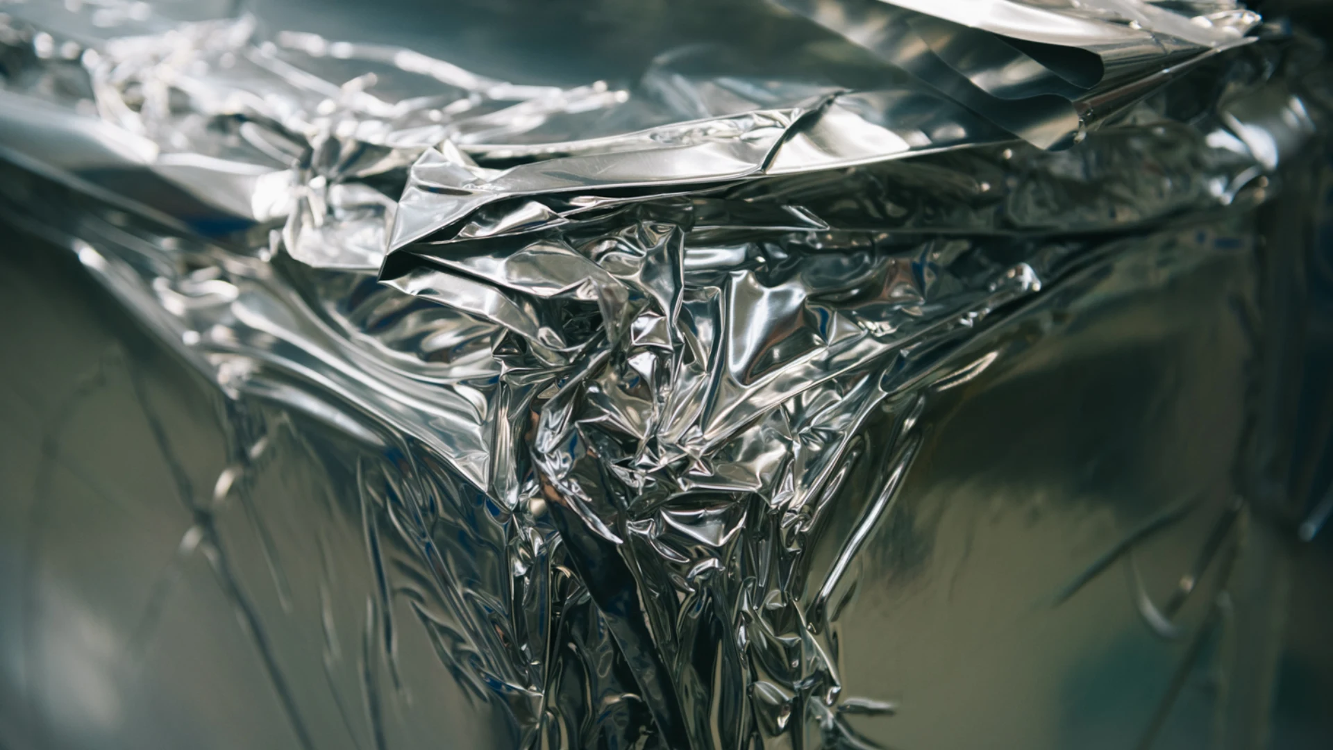 A close-up view of a fridge wrapped in shiny silver material.