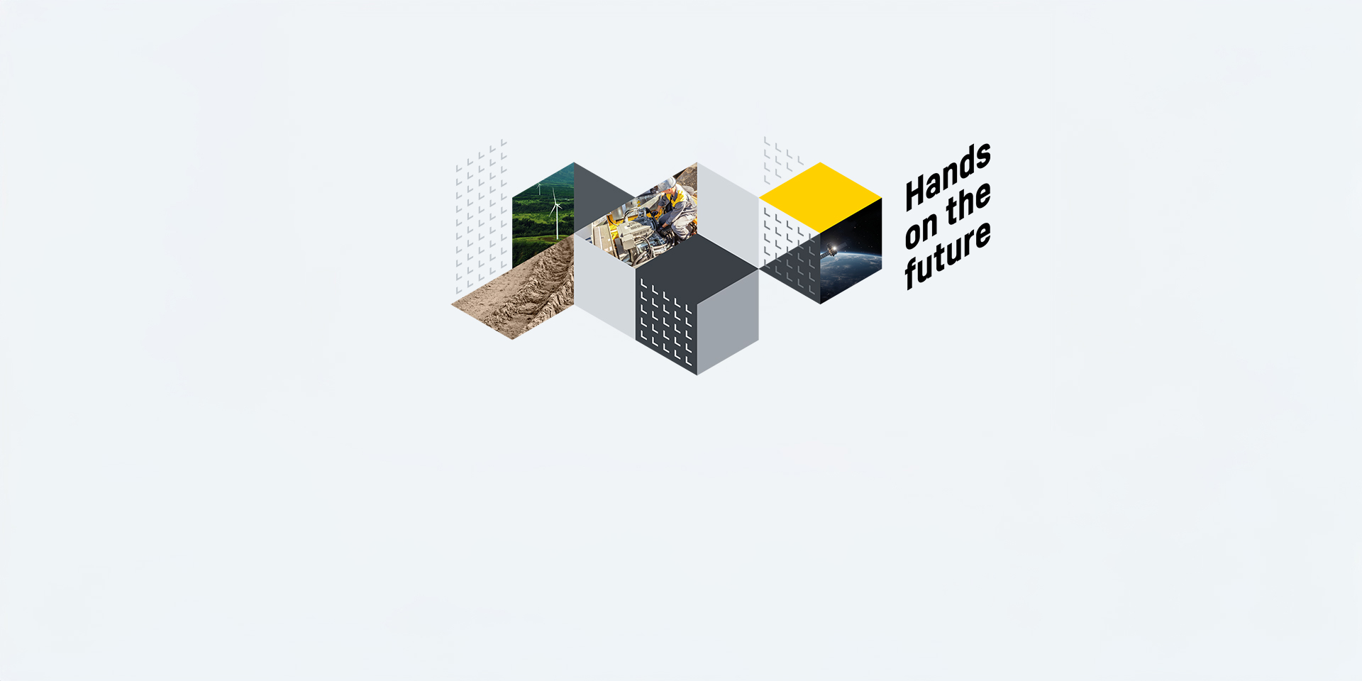 Liebherr ‘Hands on the Future’ graphic showcasing innovation and technology in engineering, renewable energy, and space systems through a geometric cube design