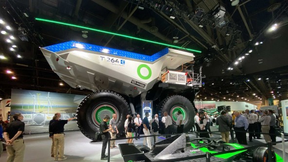 The Liebherr T 264 battery electric mining truck on display at MINExpo 2024. Image of the the Liebherr T 264 battery electric mining truck on display at MINExpo 2024.