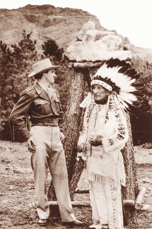 Korczak Ziolkowski and Chief Henry Standing Bear work together to bring the Crazy Horse Carving to life.